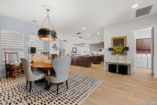 a view of a dining room with furniture