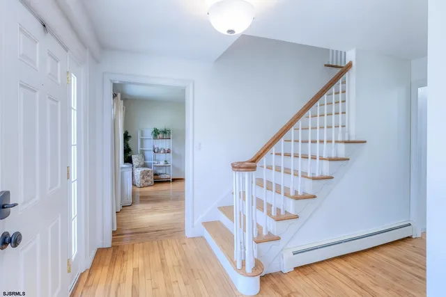 a view of a hallway view with wooden floor and staircase