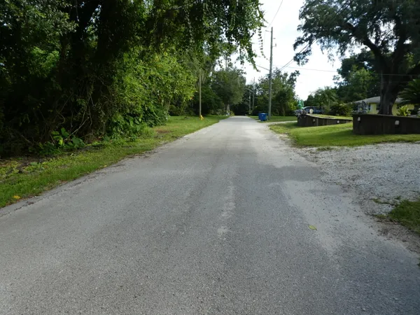 a view of a park with trees in the background