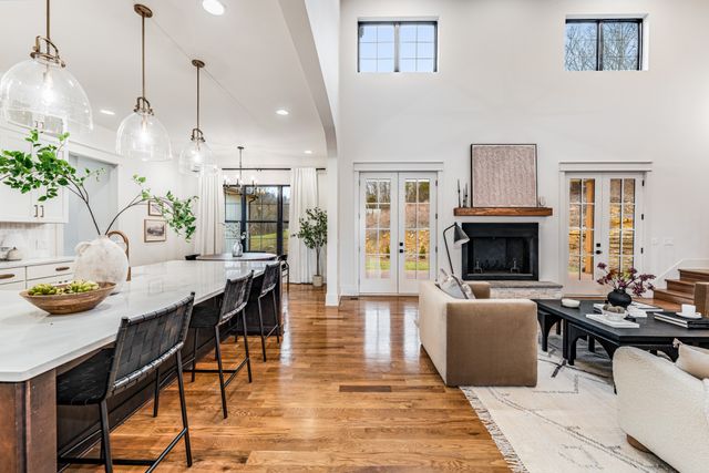 a living room with furniture a fireplace a potted plant and a fireplace