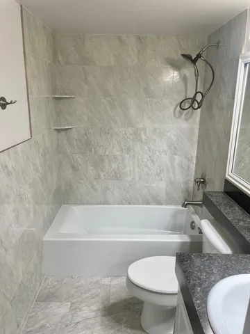 a bathroom with a toilet and a bath tub