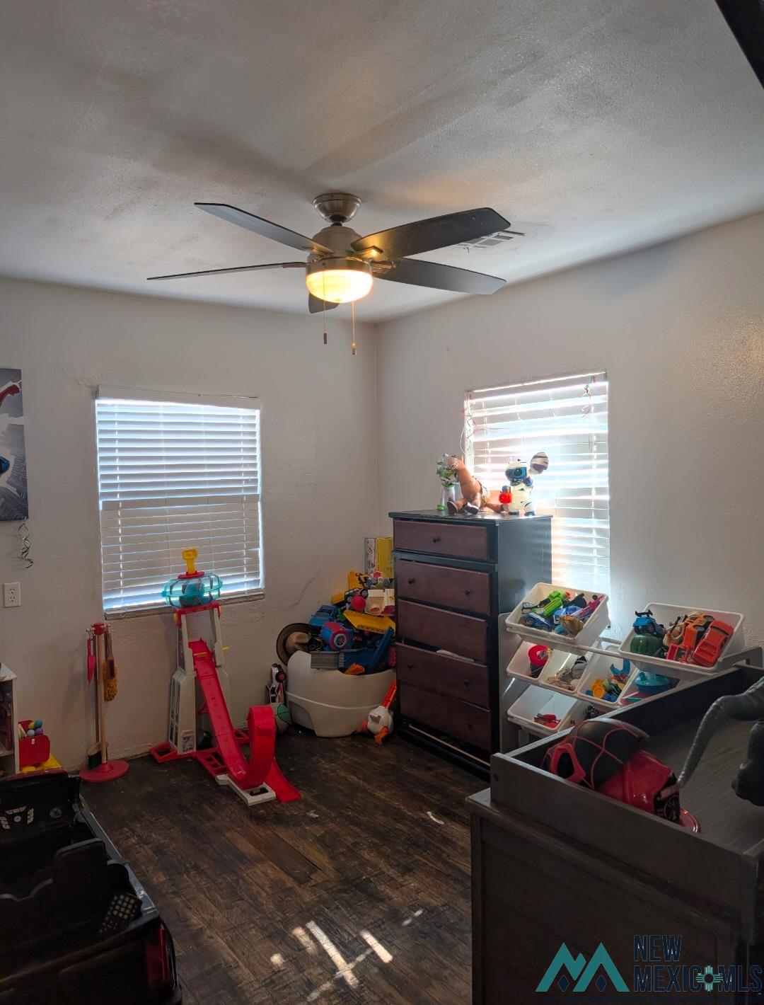 608 Del Rio Street Truth Or Consequences, NM 87901 - Photo 12 of 16 Bedroom featuring dark wood-type flooring and a ceiling fan