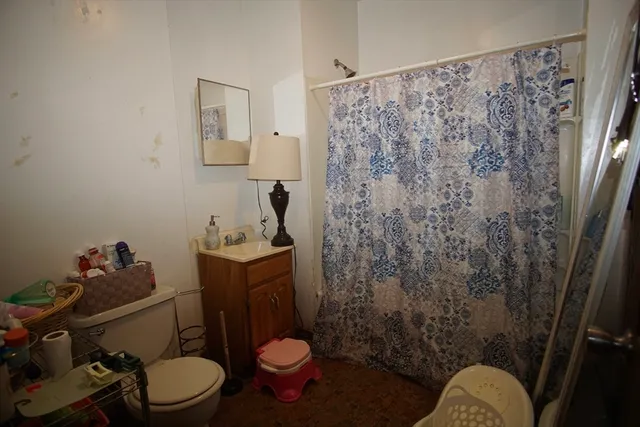 a bathroom with a toilet and a shower curtain