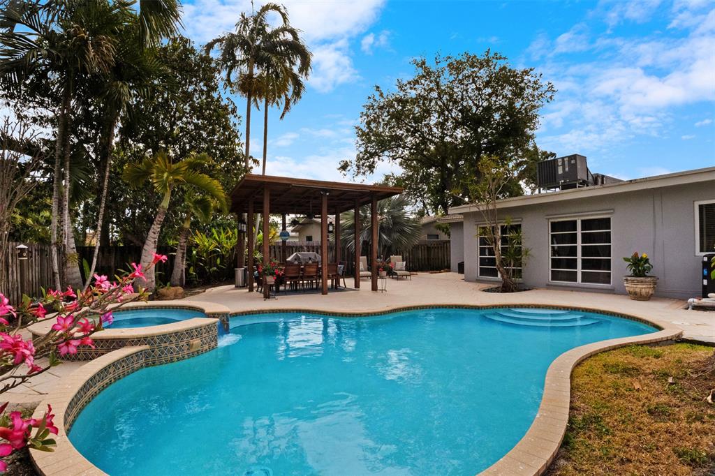 a view of a swimming pool with couches chairs and potted plants