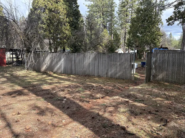 a view of backyard with wooden fence and a large tree