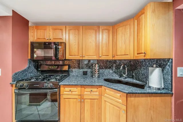 a kitchen with stainless steel appliances granite countertop a stove a sink and a microwave