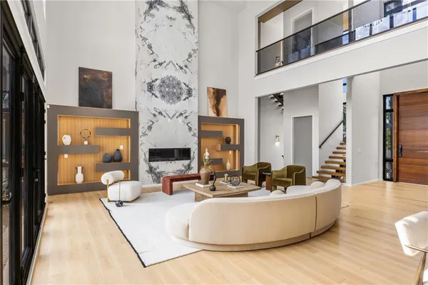 a view of a dining room with furniture