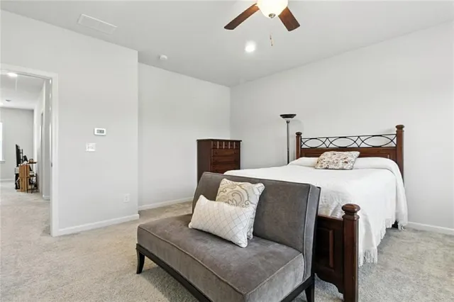 a bedroom with a bed and ceiling fan