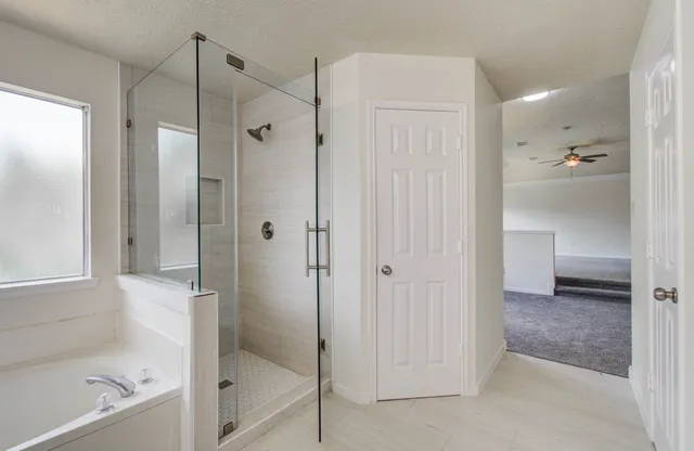 a bathroom with a bathtub and a shower