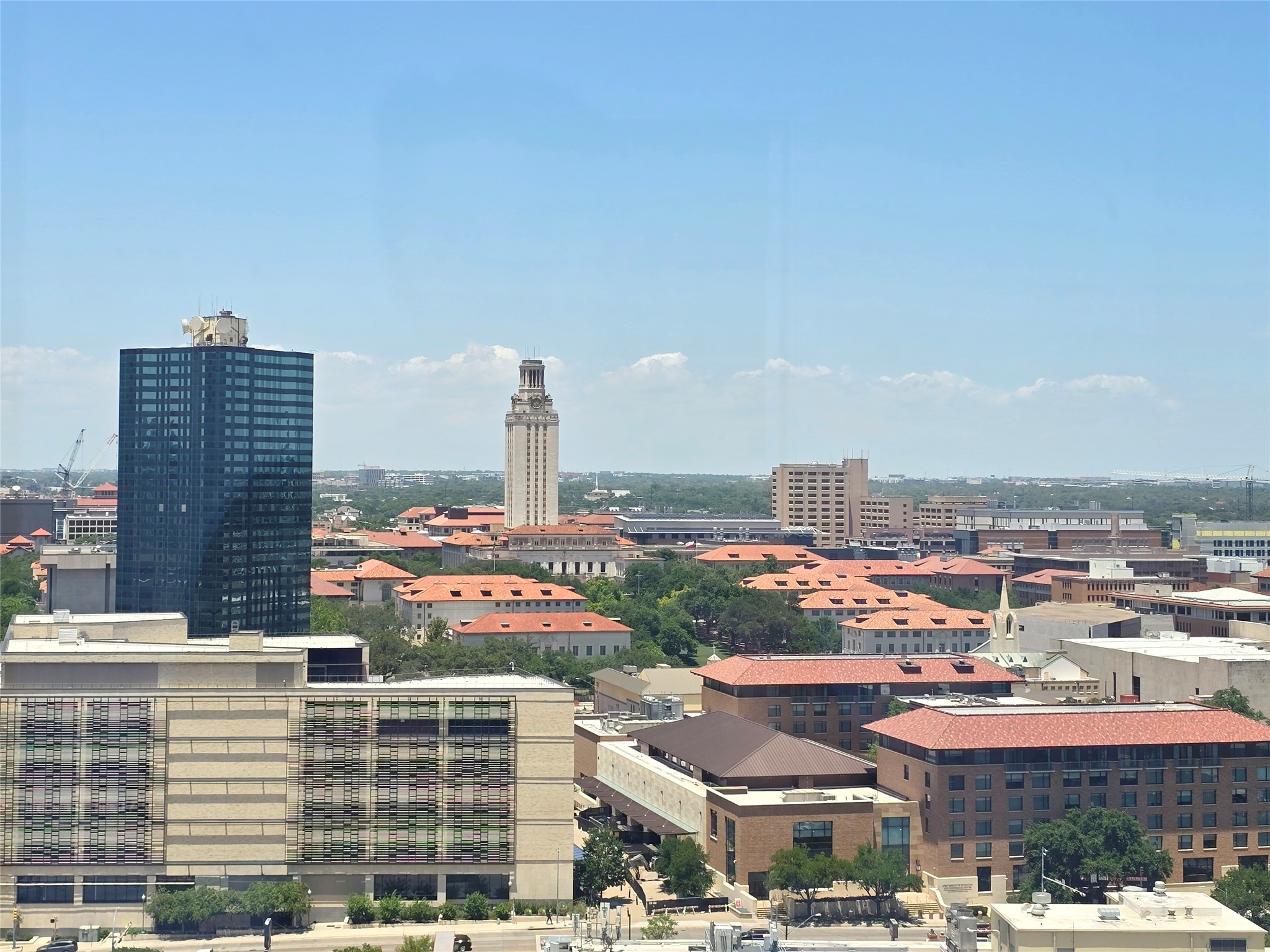 a city view with tall buildings