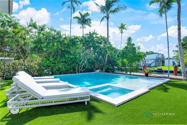 a view of a backyard with swimming pool