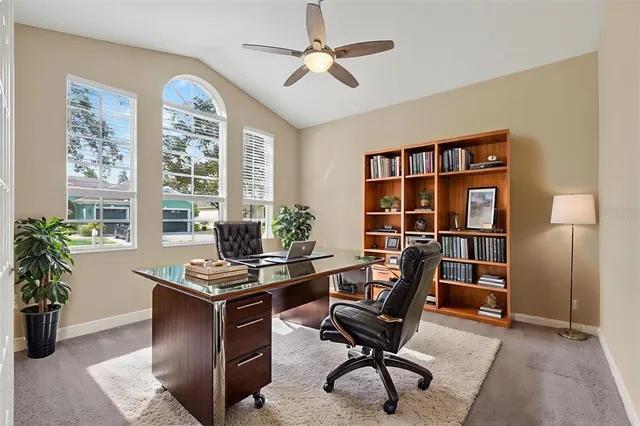 a workspace with furniture and a potted plant