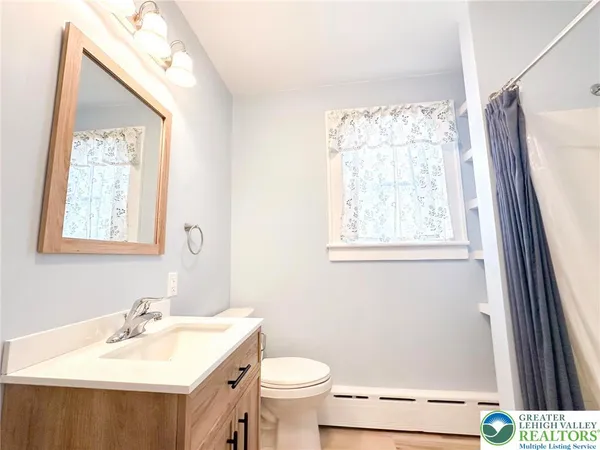 a bathroom with a sink mirror vanity and toilet