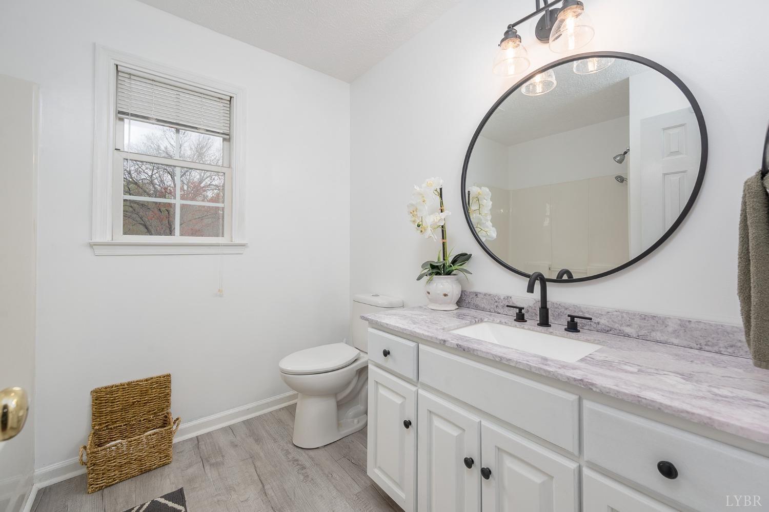 1498 Hooper Road Forest, VA 24551 - Photo 27 of 48 a bathroom with a granite countertop toilet a sink and a mirror