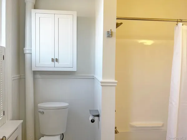 a bathroom with a shower and a toilet