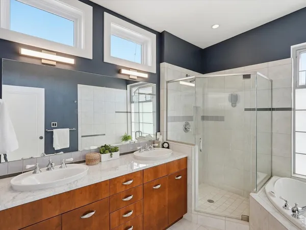 a bathroom with a double vanity sink mirror double shower and a bathtub