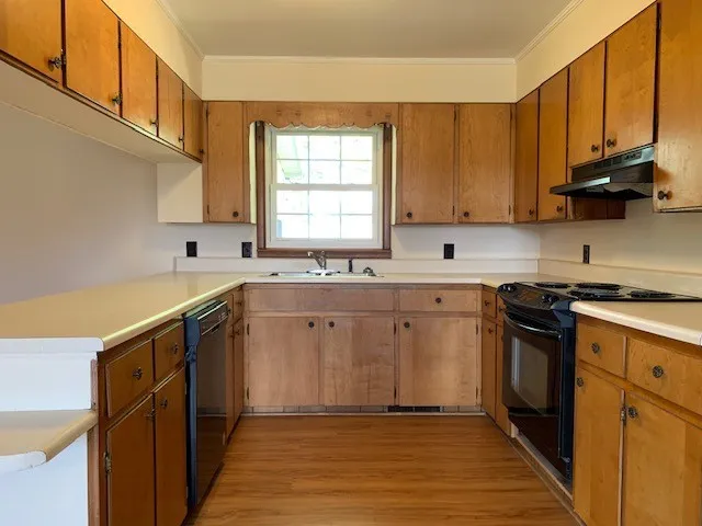 a kitchen with a sink cabinets appliances and a window