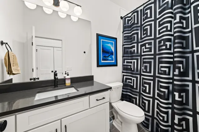 a bathroom with a sink a toilet a mirror and shower curtain