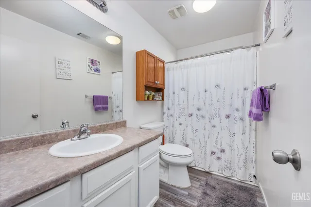 a bathroom with a granite countertop sink a toilet and shower curtain
