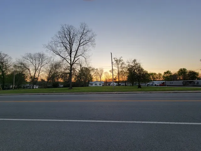 a view of a town with large trees