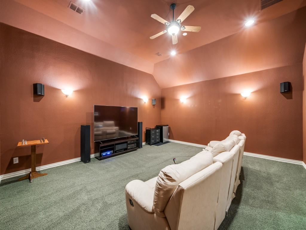 6470 Hunters Parkway Frisco, TX 75035 - Photo 24 of 40 Carpeted cinema room featuring lofted ceiling, ceiling fan, and a textured wall