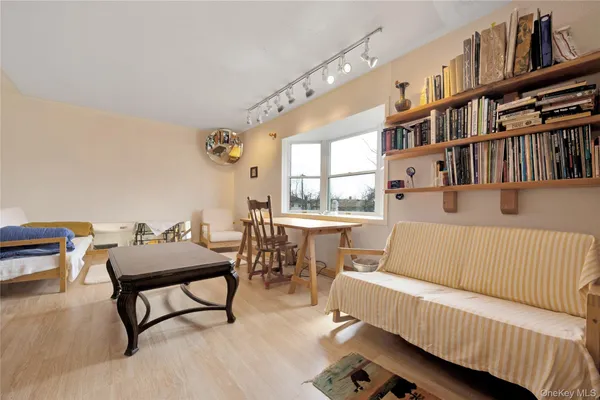 a living room with furniture and a book shelf