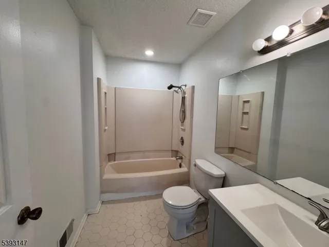 a bathroom with a toilet a sink a mirror a bathtub and vanity