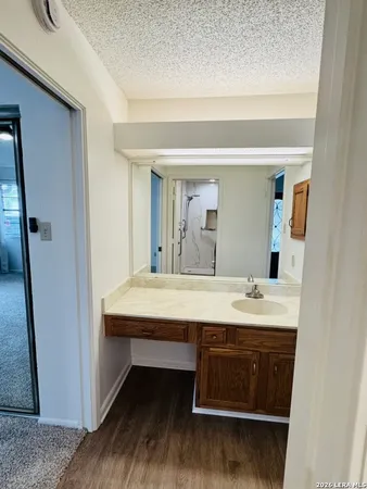 a bathroom with a sink a mirror and wooden floor
