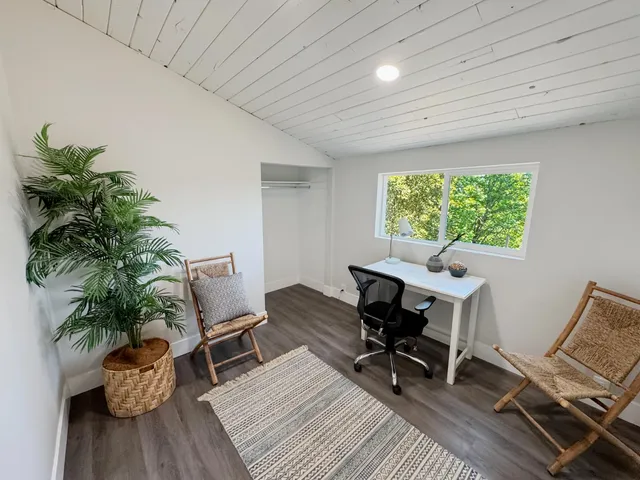 a workspace with furniture and a potted plant