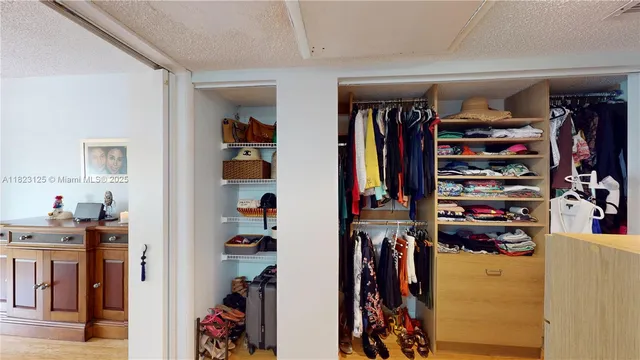 a view of walk in closet with clothes and shoes