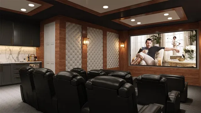 a media room with lots of chairs and mirrors