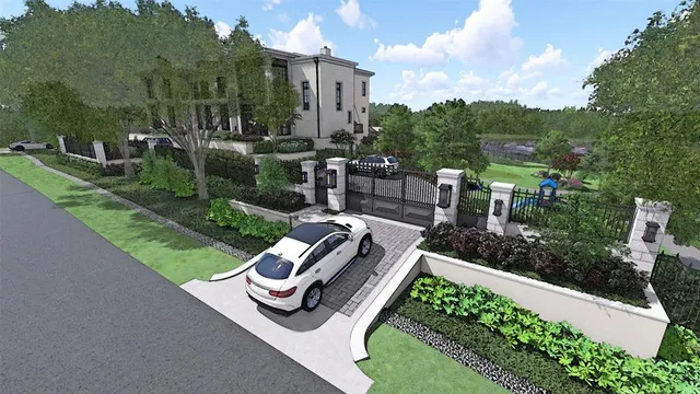 a view of a garden with sitting area