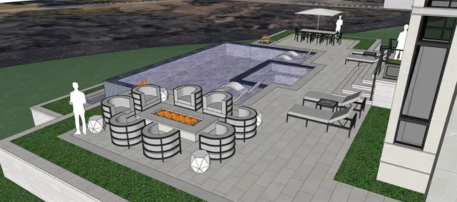 swimming pool view with seating space