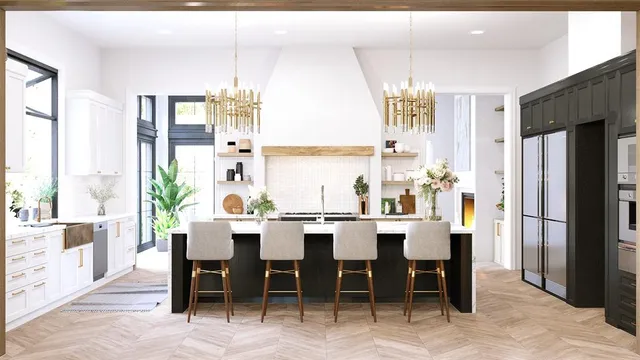 a dining hall with stainless steel appliances a table and chairs
