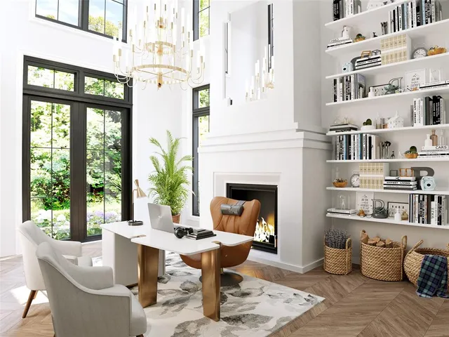 a living room with furniture fireplace and a large window