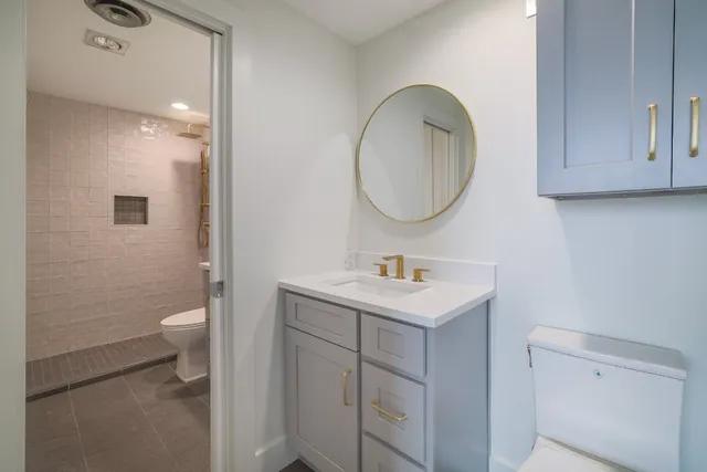 a bathroom with a toilet a sink and mirror