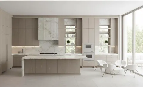 a large white kitchen with a large window