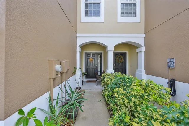 a view of front door of house with potted plant