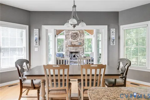 a view of a dining room with furniture window and outside view