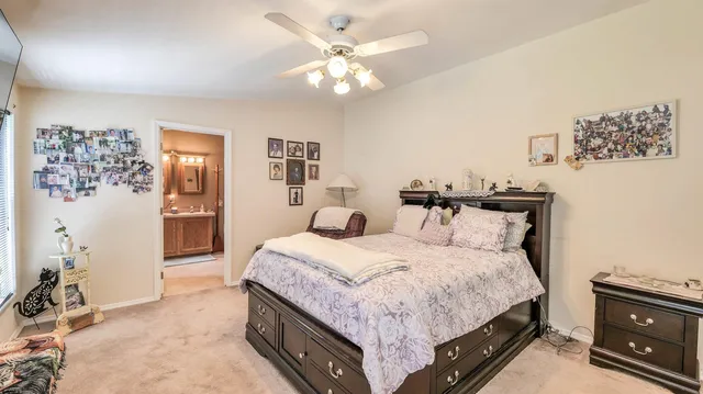 a bedroom with a bed and ceiling fan