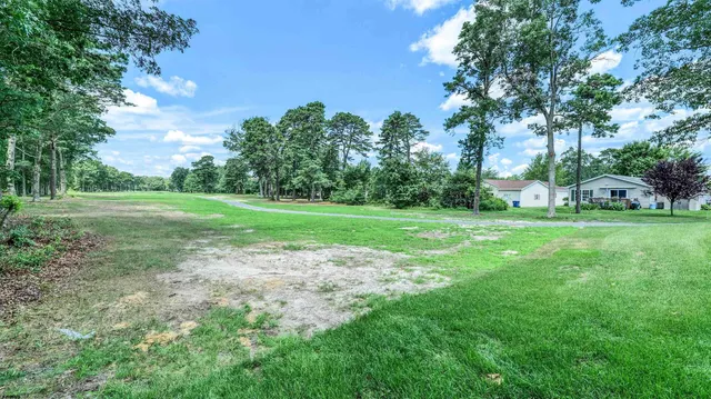 a view of a grassy field with trees around