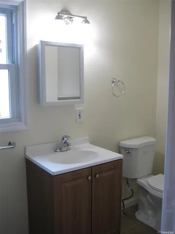 a bathroom with a sink toilet and mirror