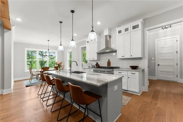 a view of a dining room with furniture