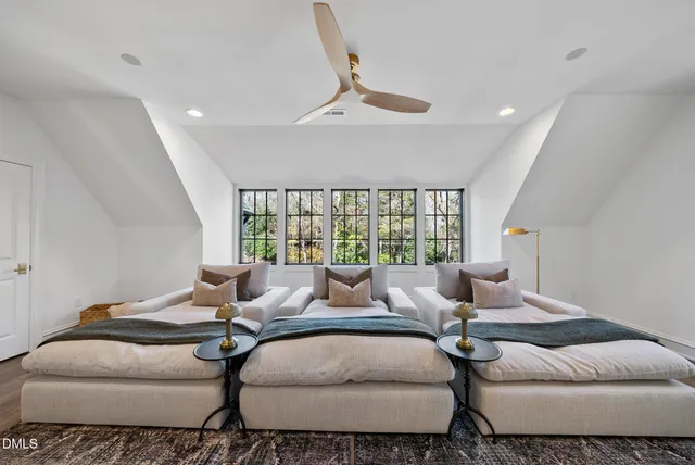 a view of a porch with wooden floor