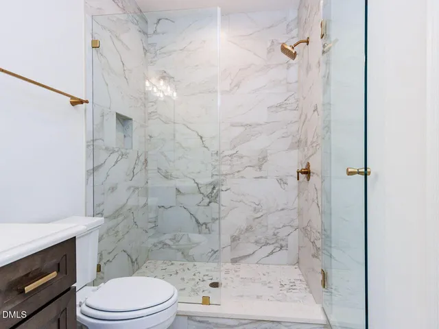 a bathroom with a shower and a toilet