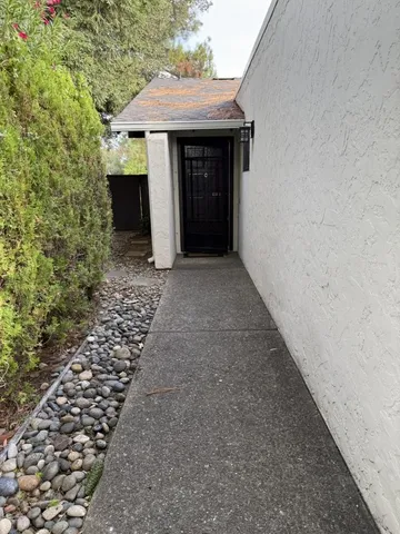 an aerial view of a swimming pool