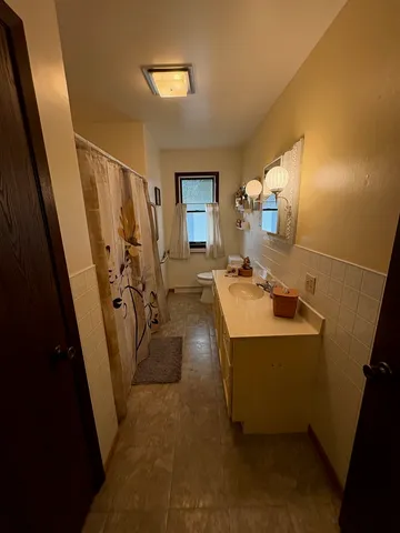 a bathroom with sink a mirror and a shower