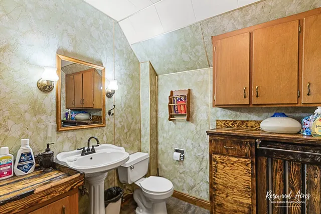 a bathroom with a sink a toilet and mirror