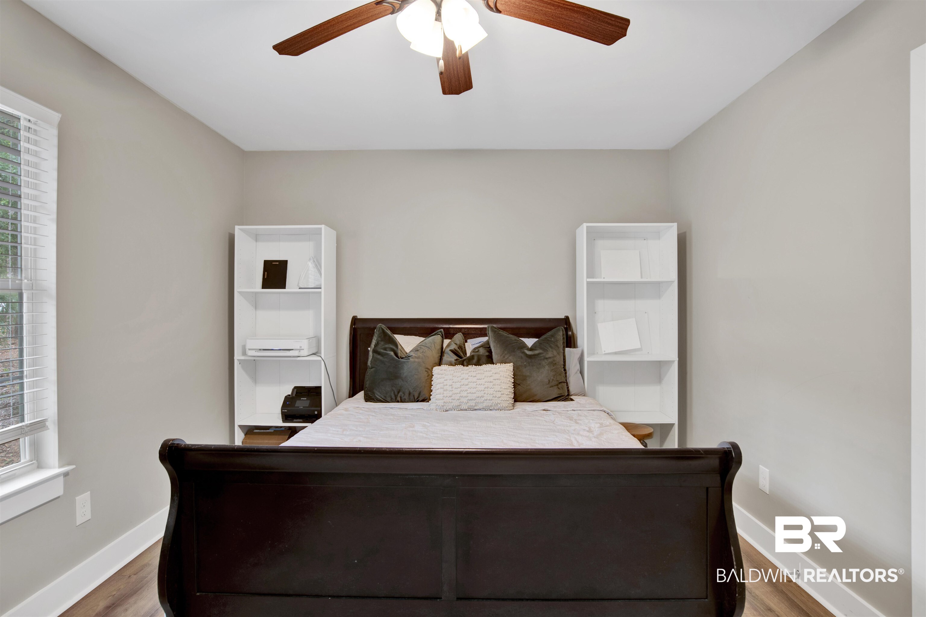 253 Maplewood Loop Daphne, AL 36526 - Photo 19 of 30 Bedroom featuring wood-finish flooring, a ceiling fan with integrated lighting, a window with horizontal blinds, and neutral wall tones