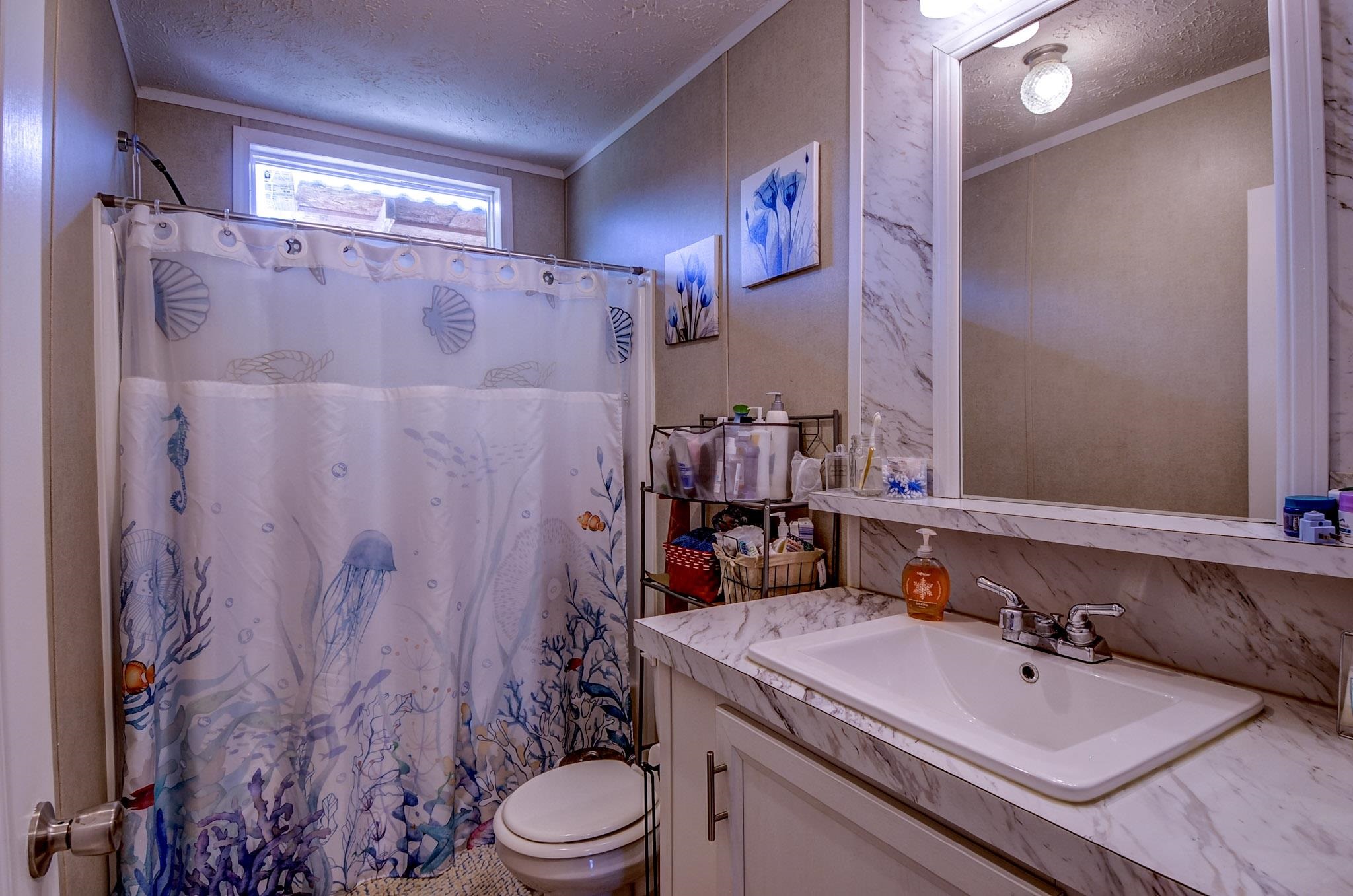 2450 South Neely Road Middleton, TN 38052 - Photo 25 of 38 Full bathroom with a textured ceiling, vanity, a shower with shower curtain, and ornamental molding